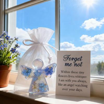 Forget Me Not Dried Flower Angel Keepsake, Mini Resin Guardian Angel Figurine With Organza Bag And Sympathy Card