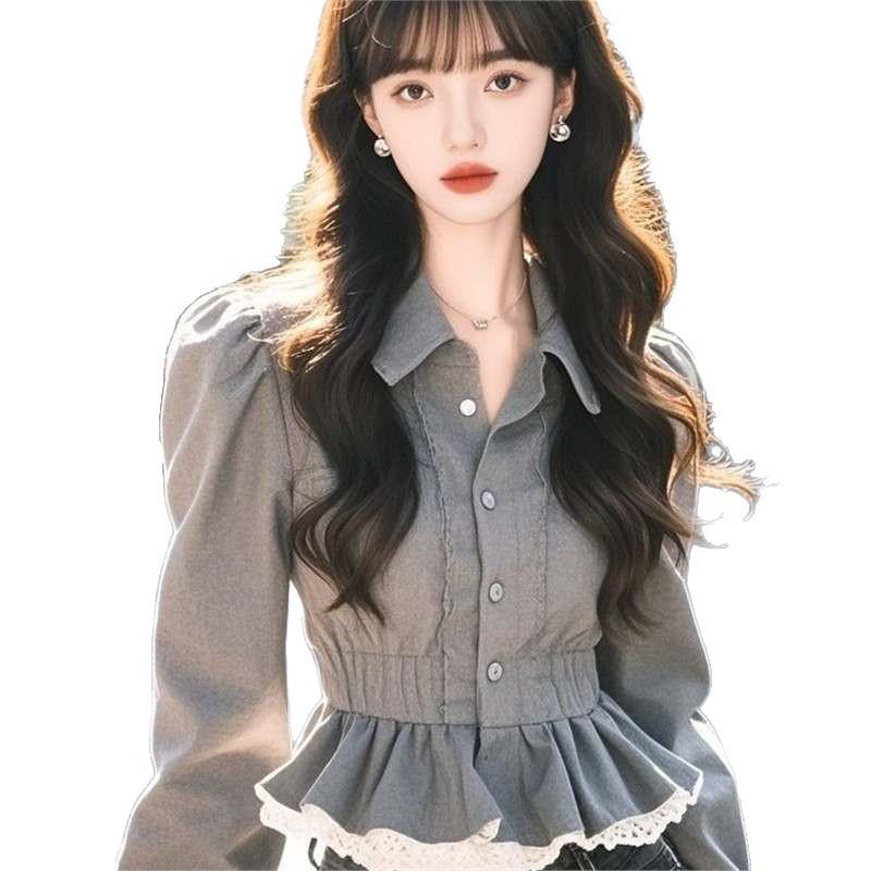 Cămașă Chic Franceză cu Volane și Dantelă, cu Mâneci Lungi - Design Trendy, Versatil și Anti-Îmbătrânire