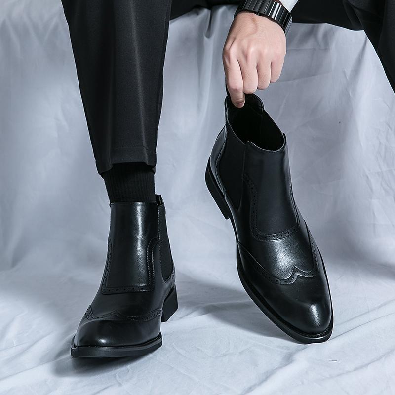 Chelsea Boots Spitz Hoher Schaft Leder Schuhe Friseur Martin Stiefel Reißverschluss Innen Erhöhend Freizeitstiefel