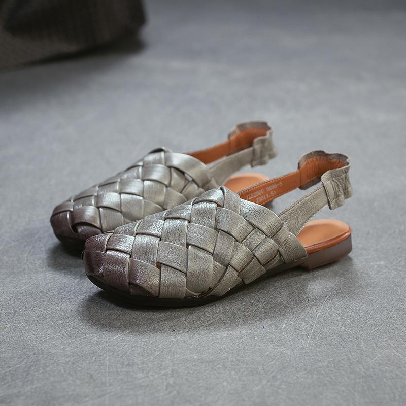 Johnature Ręcznie tkane sandały na płaskiej podeszwie z prawdziwej skóry, z okrągłym noskiem. Codzienne, wszechstronne buty damskie