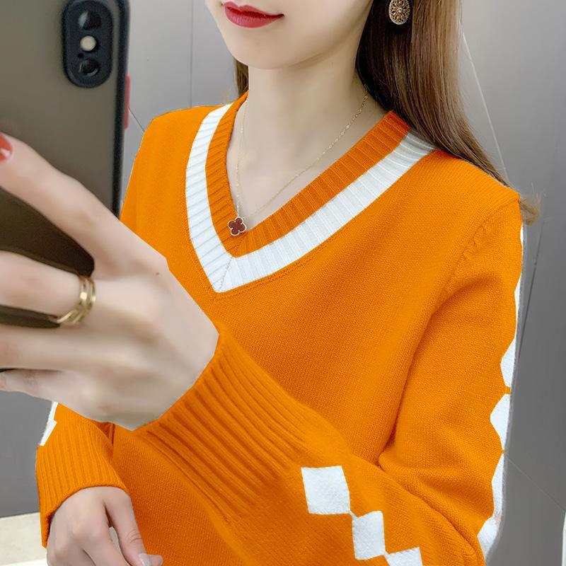 

Женский свитер с V-образным вырезом, с длинным рукавом, свободный, короткий пуловер, вязаный свитер, трикотажный топ с цветовыми блоками XL оранжевый