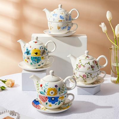 Kostěný porcelánový čajový set pro jednoho s květinovým vzorem Keramický čajník Šálek a podšálek Sada nádobí na čaj