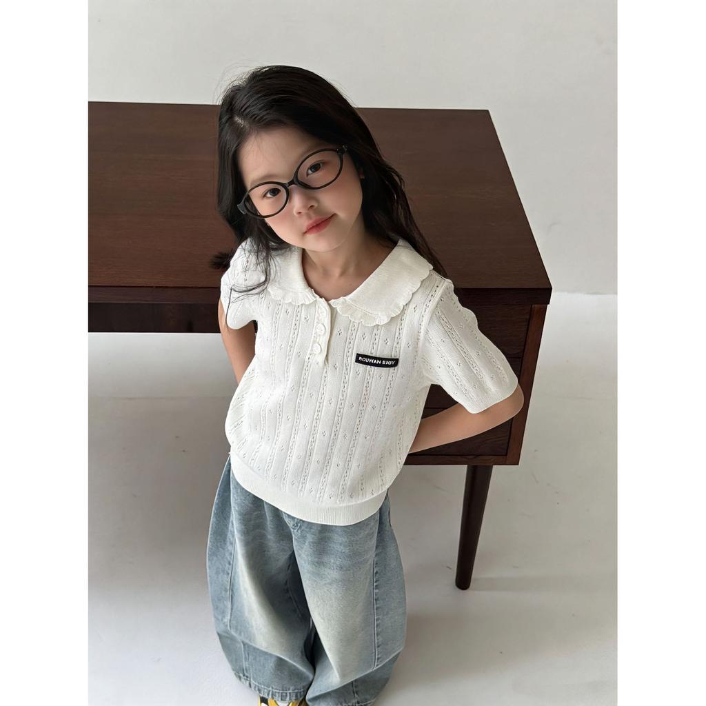 Girls Summer Hollow Knit Polo Shirt Short Sleeve T-Shirt Baby Stylish Casual Top