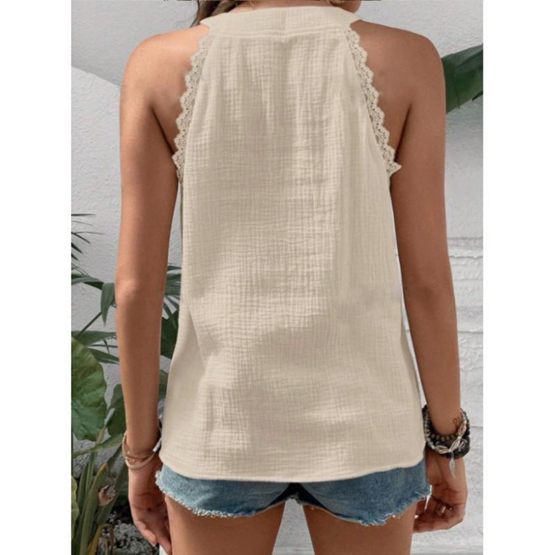 Fashion New Solid V-neck Loose Casual Shirts Women Sleeveless Lace Splicing White Blouses for Women Summer Clothing Vintage Slim Fit Shirt Tops 26642