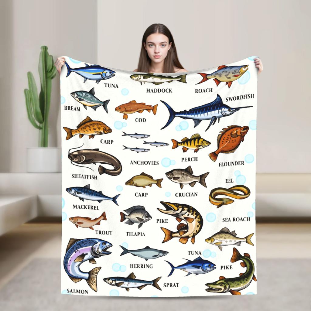 Fishing Cartoon Fish Blanket Quality Super Warm  Throw Blanket Spring Decorative Couch Bed Fluffy Bedspread