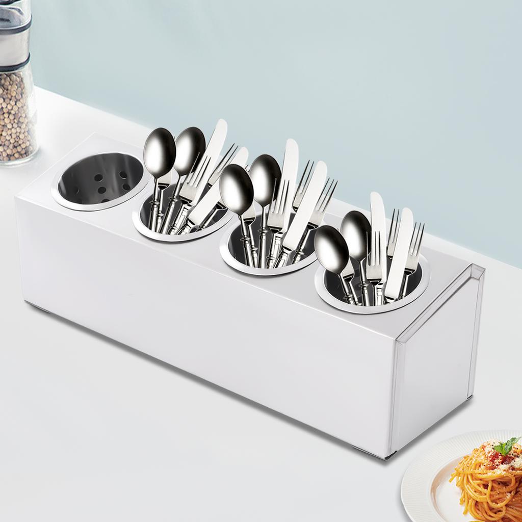 Stainless Steel Flatware Organizer Caddy, 4-Hole Utensil Holder for Kitchen, Modern Minimalist Cutlery Storage, Compact Design