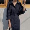 Women Spring Fall Dress Loose Lapel Solid Color Single-breasted Split Hem Soft Long Sleeve Retro Casual Commute Pleated Maxi Dress