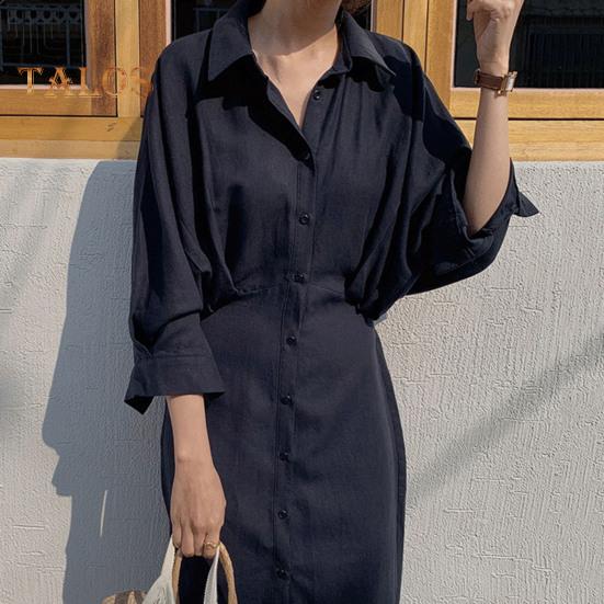 Women Spring Fall Dress Loose Lapel Solid Color Single-breasted Split Hem Soft Long Sleeve Retro Casual Commute Pleated Maxi Dress