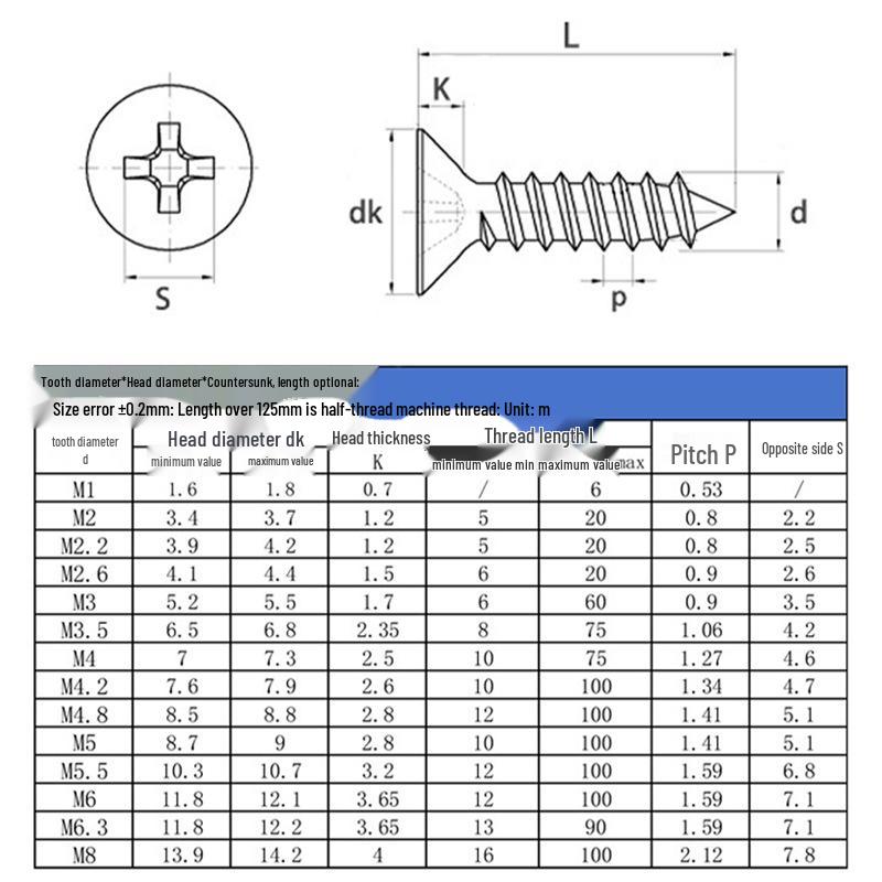 Black Zinc Plated Hardened Carbon Steel Cross Countersunk Head Self-Tapping Wood Screw (M2-M6)
