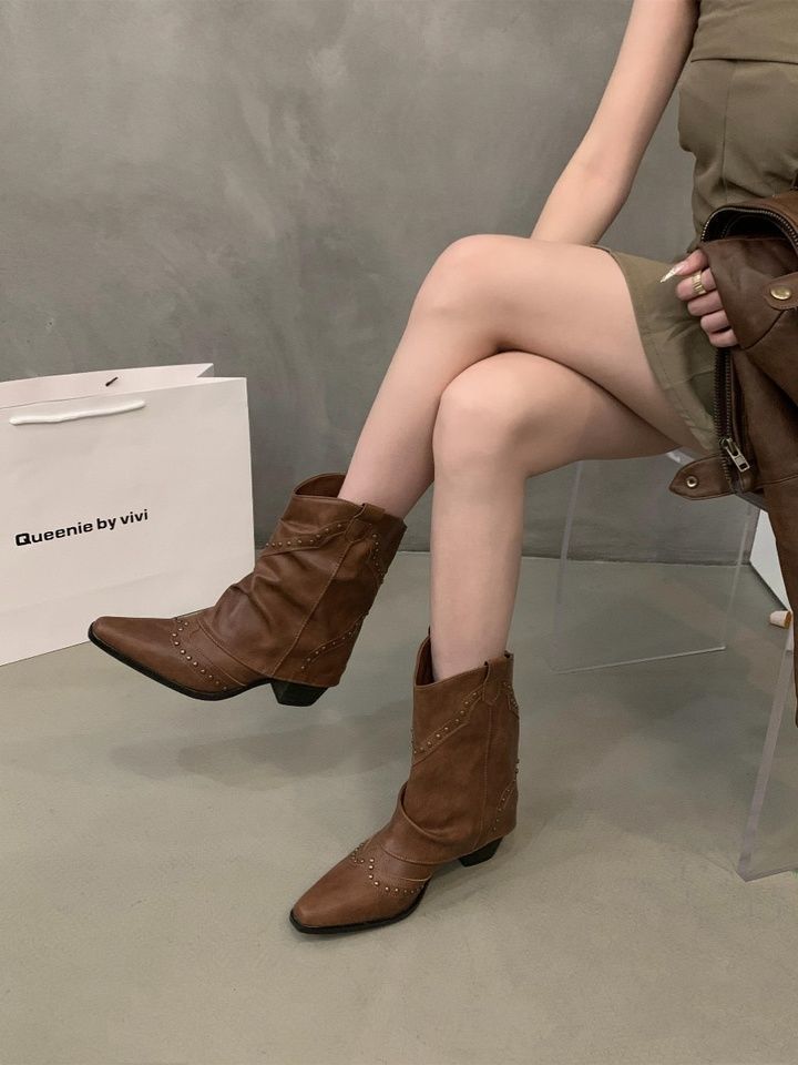 Coarse heel pointed western cowboy boots women's boots 2025 new thin short boots spring and autumn single boots brown Martin boots