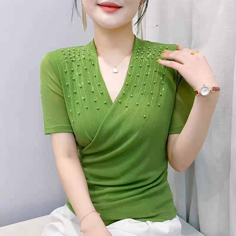 Streetwear Girl Summer Chic Beading Clothes Mesh T-Shirts Sexy V-neck Women's Tops New Casual Short Sleeve Tees