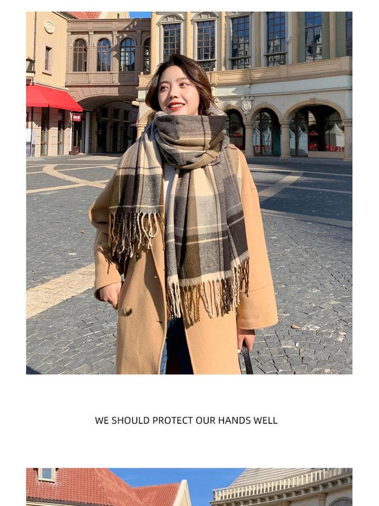 Women's Autumn/Winter Plaid Scarf - High-End Color-Block Tassel Shawl, Thick Imitation Cashmere Neck Warmer.
