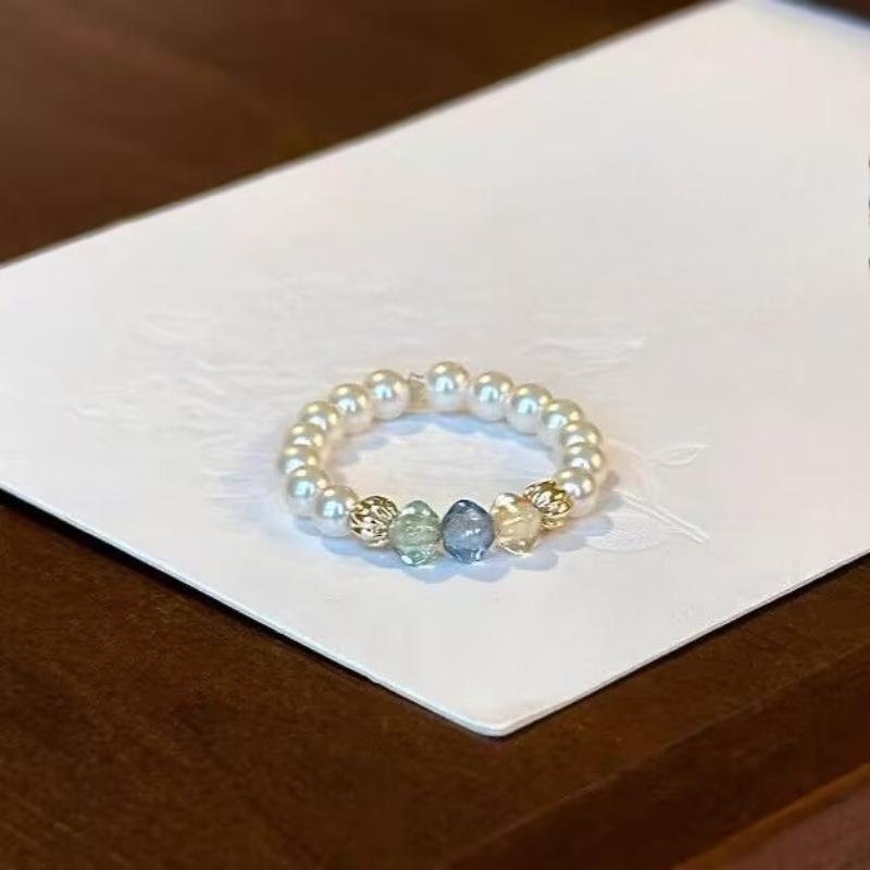 Fashion String Style Imitation Pearl Colored Inlaid Zircon Bracelet Ring, Elegant Temperament for Women, Holiday Accessory Gift