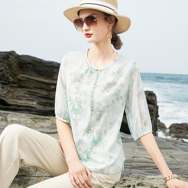 XUEXI Women s Floral Mulberry Silk T-Shirt L