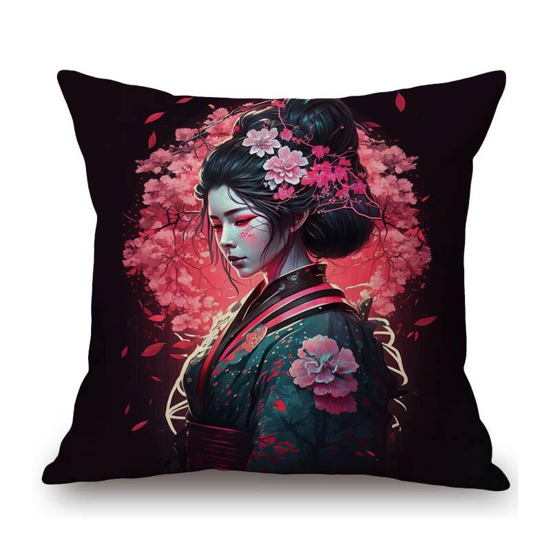 Pretty Japanese Girl Geisha Sakura Lovely Beautiful Woman Asian Culture Art Decorative Sofa Pillow Case Linen Cushion Cover