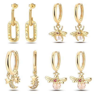 Neu in 925er Silberfarbe Gold Perle Biene Unregelmäßigkeit Stern Mond Ohrringe Für Frauen Trendiger Modeschmuck Geburtstagsgeschenke