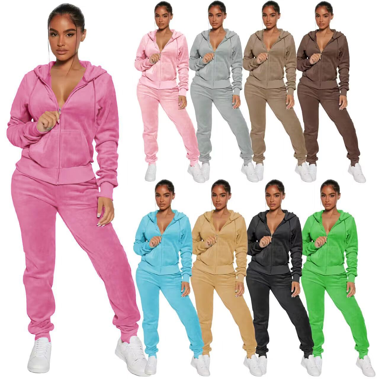 

Fashion Velvet Women s Set Long Sleeve Hooded Sweatshirt and Jogger Pants Active Two 2 Piece Sets Outfits Tracksuit XS рожевий