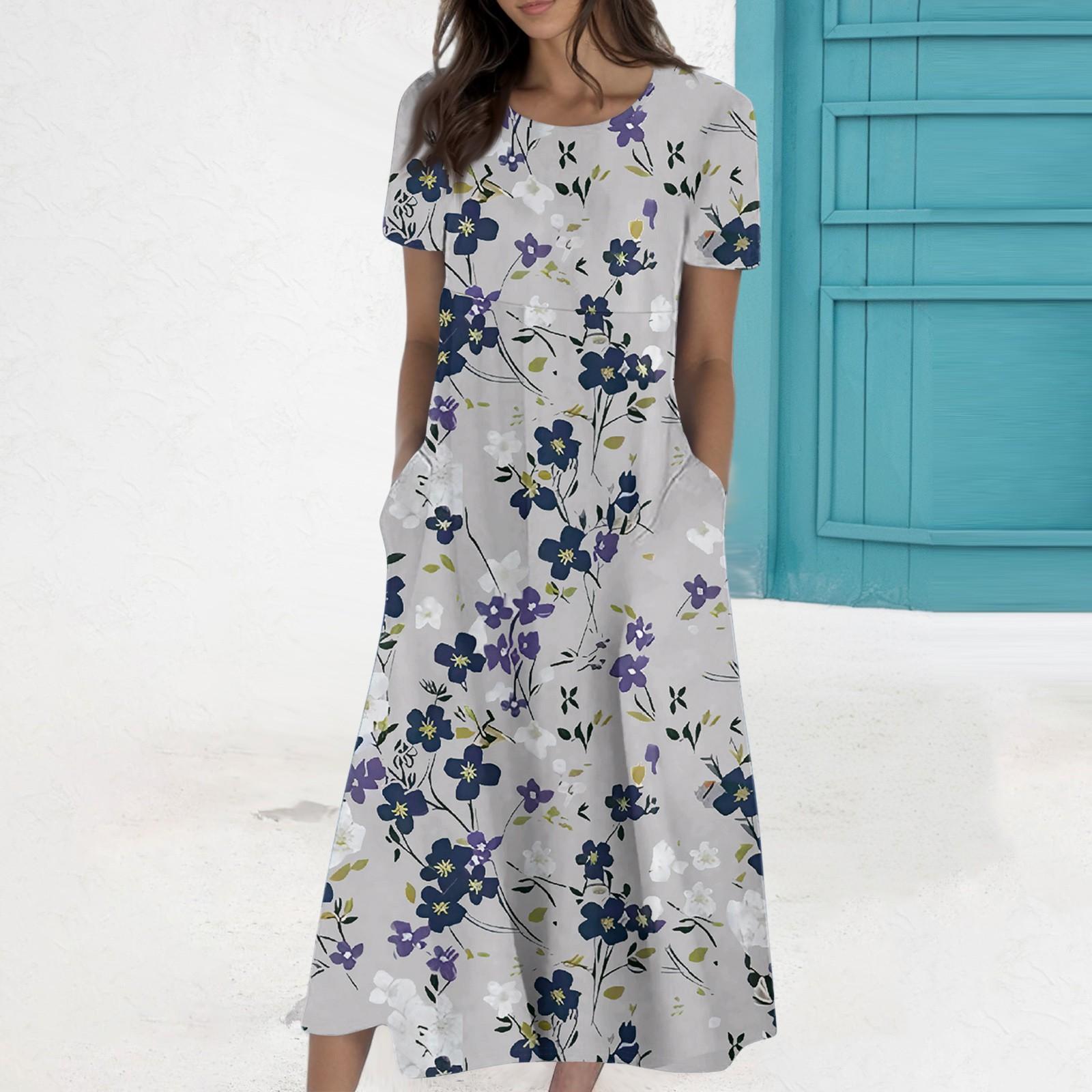 

Женское летнее повседневное модное платье с коротким рукавом и карманом с круглым вырезом XL