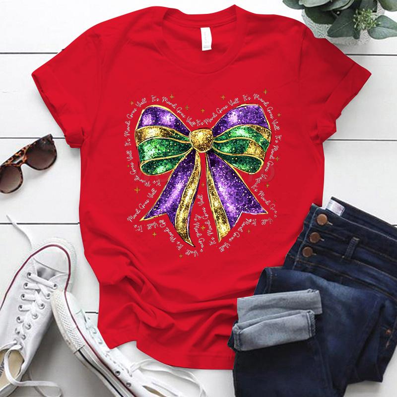 Coquette Bow Mardi Gras Shirt for Women Carnival Glitter Bow Graphic Tee Fat Tuesday Shirt Mardi Gras Party Crew Neck Clothing