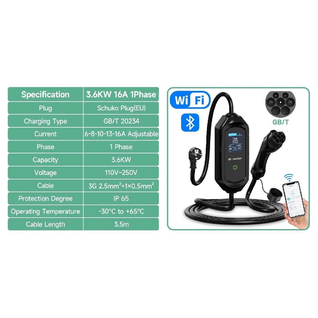 AFYEEV 3600W Portable Type2 IEC62196-2 EV Charger Type1 SAE J1772 Electric Car Charger GBT EVSE Charging Cable Wallbox EU Plug