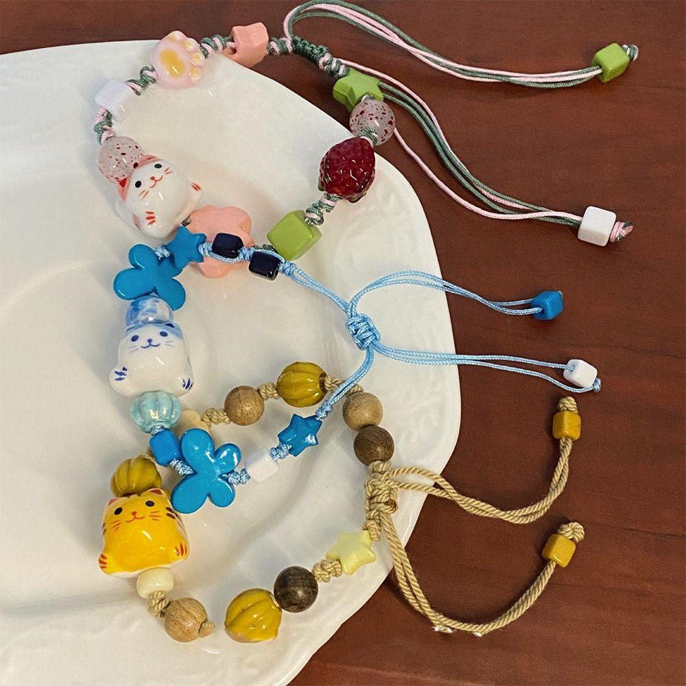 Lucky Cat Ceramic Cat Bracelet Handmade Cat Bead Bracelet Personality Maneki Neko Bracelet  Gift