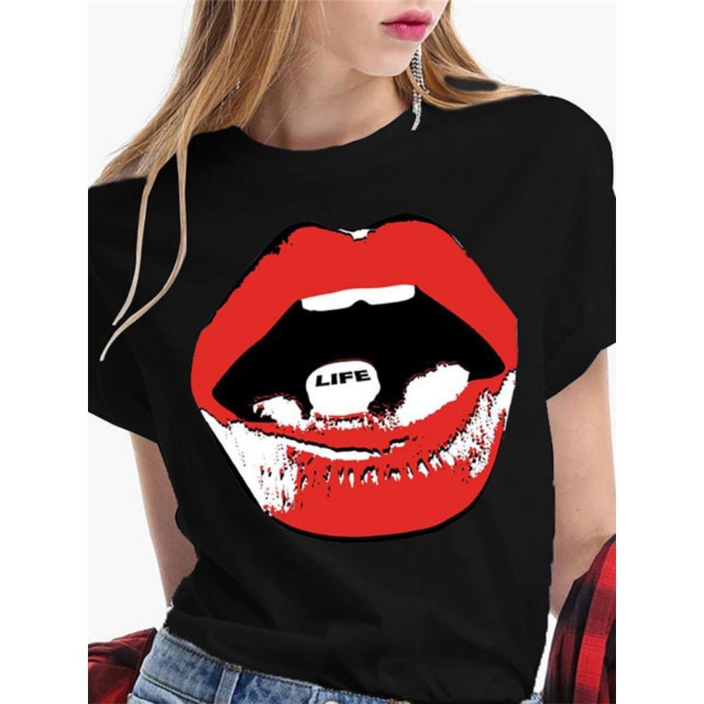 Fashion Sexy Red Lip Women T Shirt Funny Kiss Lips Print Ladies T-shirt Casual Basis O-collar Short Sleeves Female Tops Tees