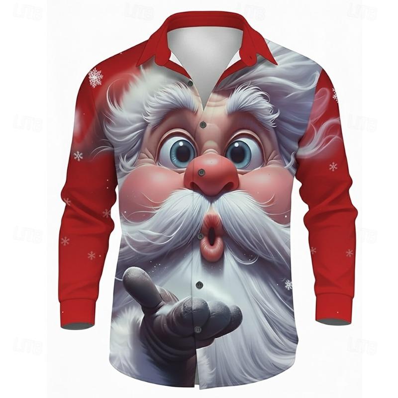 Christmas Men's 3D Santa Claus Printed Long Sleeve Shirt Polyester Lapel Formal Casual Shirt Autumn and Winter All-match Tops