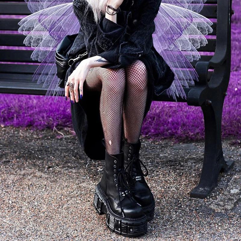 Fashion Punk Style Women Boots Lace-up Heel Height Platform Shoes Woman Gothic Ankle Rock Boots Metal Decor Woman Sneakers 2025