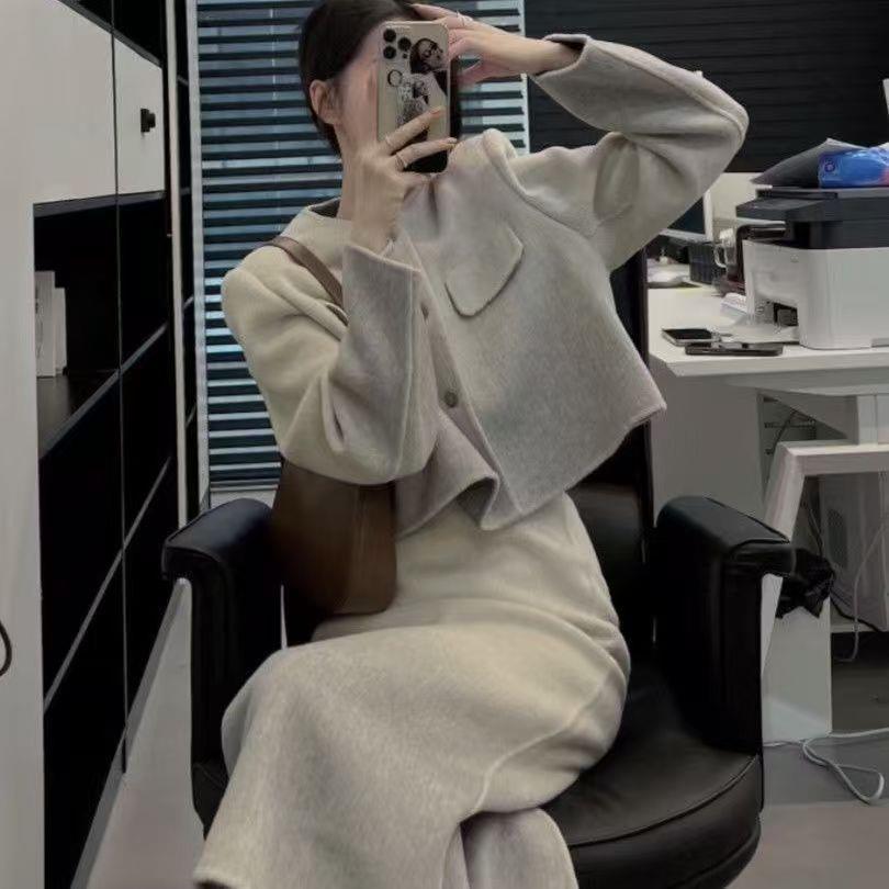 Winter 2025 Hellgraues Wollmischungs-Fleece-gefüttertes zweiteiliges Rockset