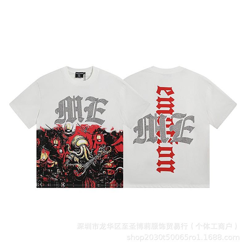 Unisex Vintage American Style Loose Fit Cotton Tee With Embellished Letter Print Round Neck Short Sleeve