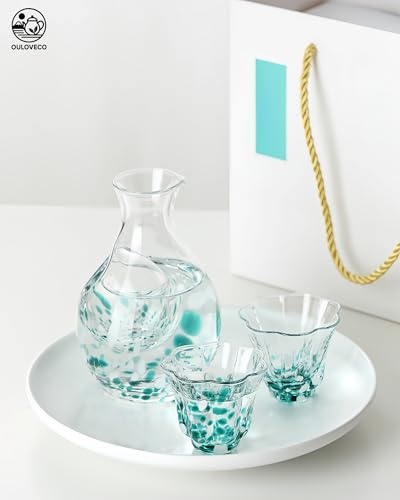 OULOVECO Kristallglas Sake-Set, Enthält 1 Tokkuri (Sake-Flasche) und 2 Sake-Becher, mit buntem Design, perfekt für kalten Sake und als Gi geeignet