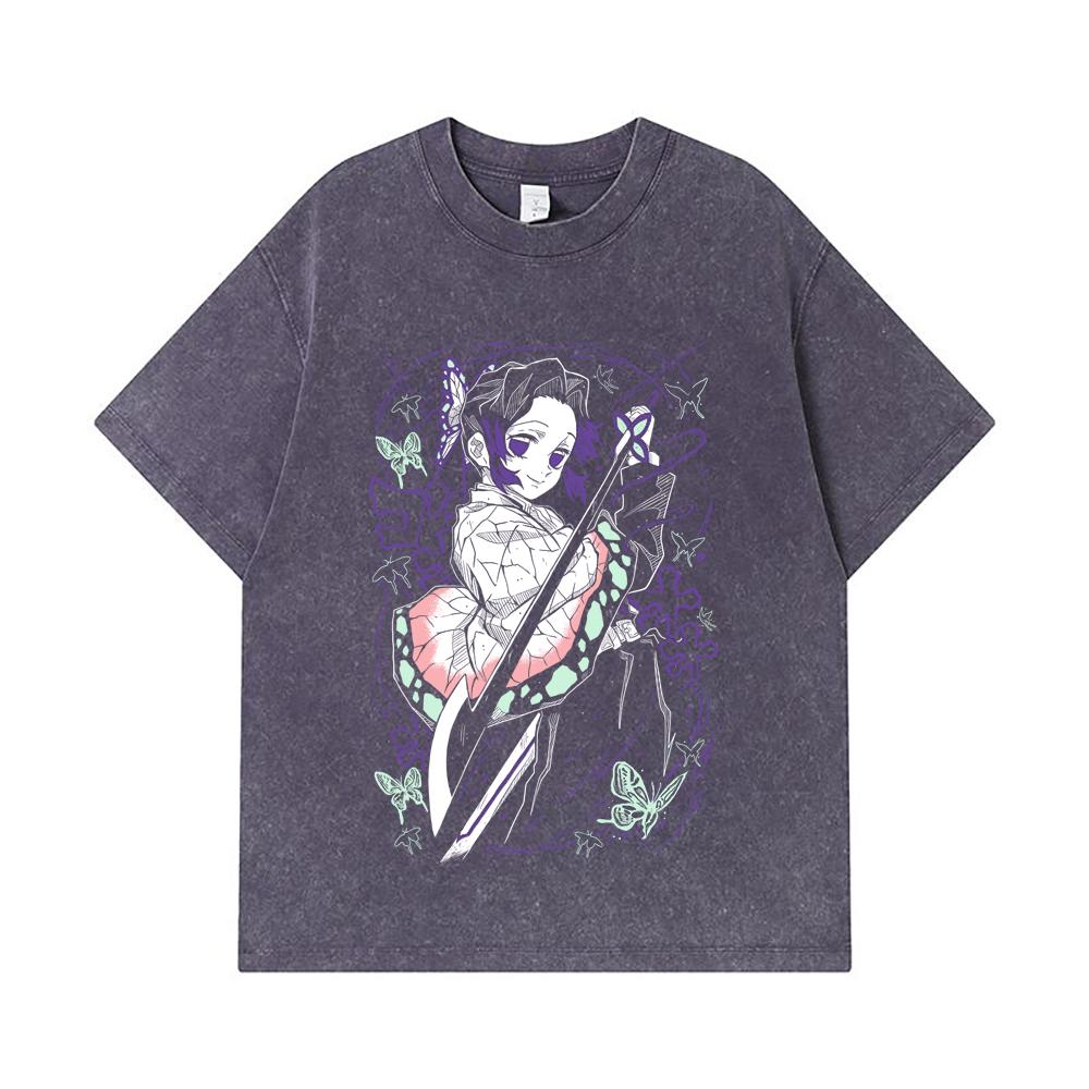 275 GSM Washed T-shirts 100% Cotton Demon Slayer V44 Shibobu Print Unisex Heavy Cotton T Shirt