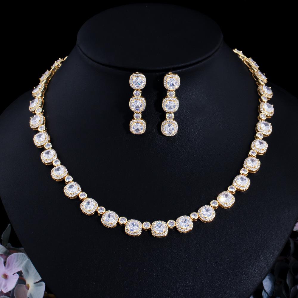 Zircon Necklace Earrings Set Chain Full Diamond Wedding Dress Dinner Accessories Two-Piece Set