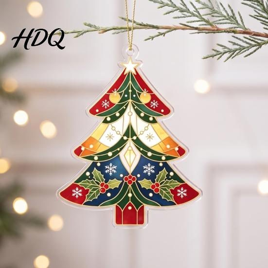 Artistic Window Flat Acrylic Display Accessory 2D Ornament Vintage Christmas Tree Stained Xmas Decoration Glass