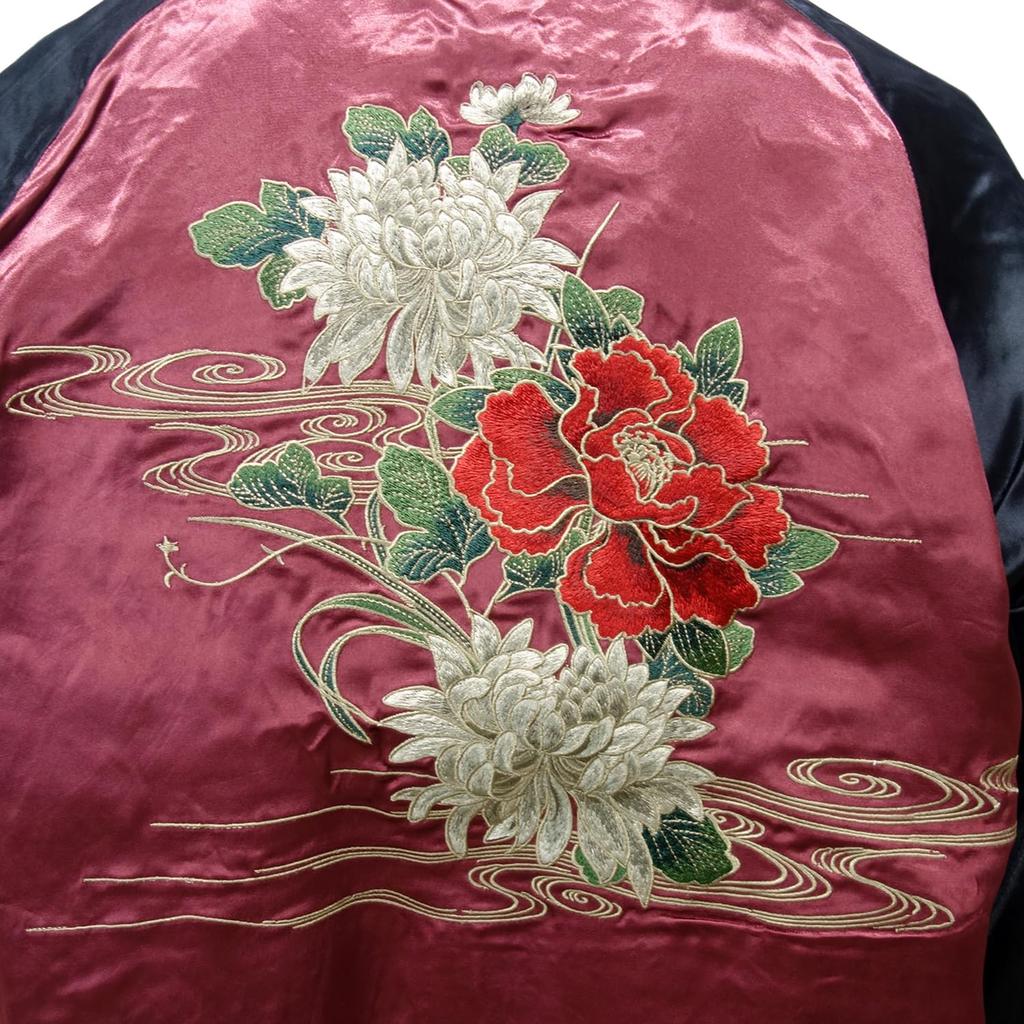Karakuridama Reversible Sukajan Jacket with and Peony 253063 Kirin, Chrysanthemum, Embroidery, Men's, (JP, Alphabet, LL, Black/Col20)