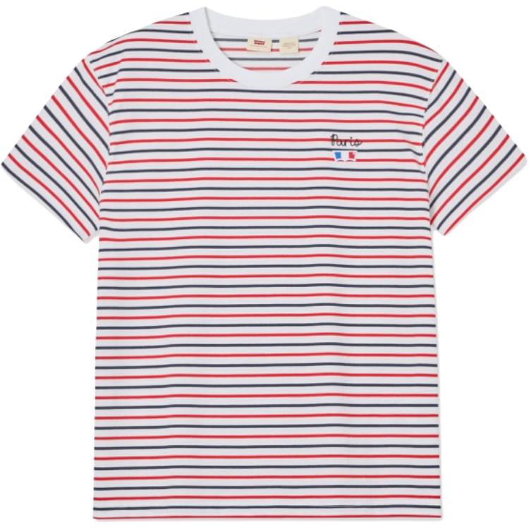 Levis SS24 Paris Limited Edition Capsule Collection Letter Embroidered Crew Neck Comfortable Short Sleeve T-Shirt Men Tops Blue Striped 0023Y-0000