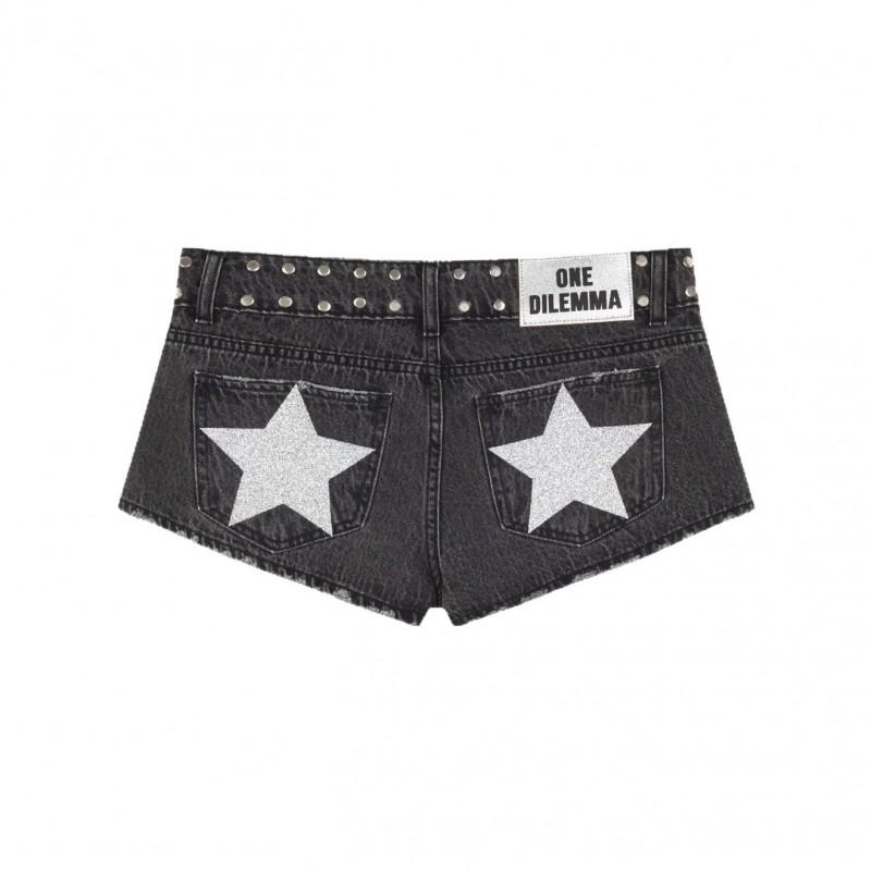 Pantaloni Scurți Denim cu Talie Joasă Y2K Femei Croială Largă Imprimeu Stele Detaliu Strălucitor Streetwear Pantaloni Scurți Fierbinți