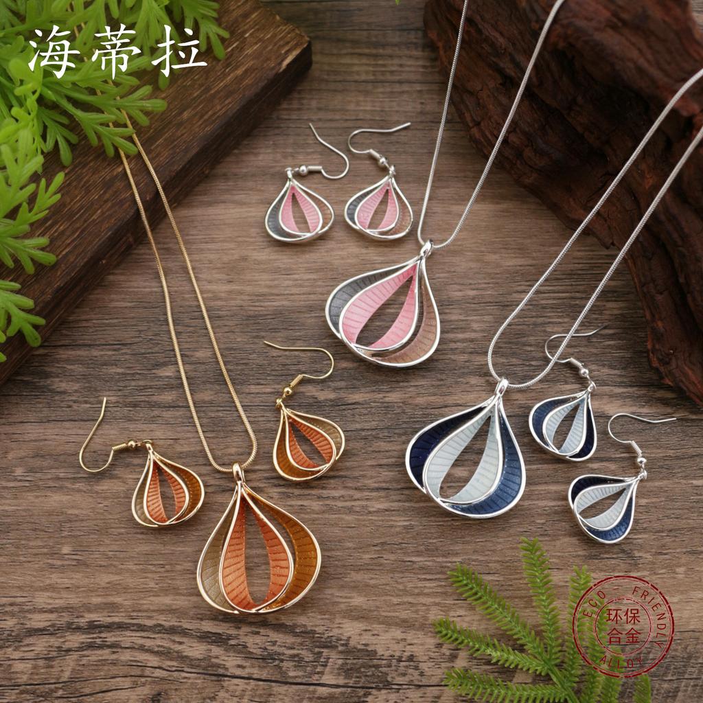 New Enamel Color Hollow Water Drop Flower Earrings Pendant Set, Women's Simple Versatile Necklace