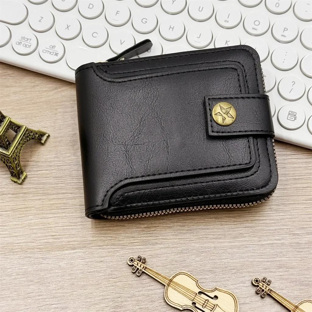 Vintage Men's Wallet PU Leather Short Purse Men Hasp Zipper Clutch Solid Color Wallets High Quality Durable Convenient Wallets