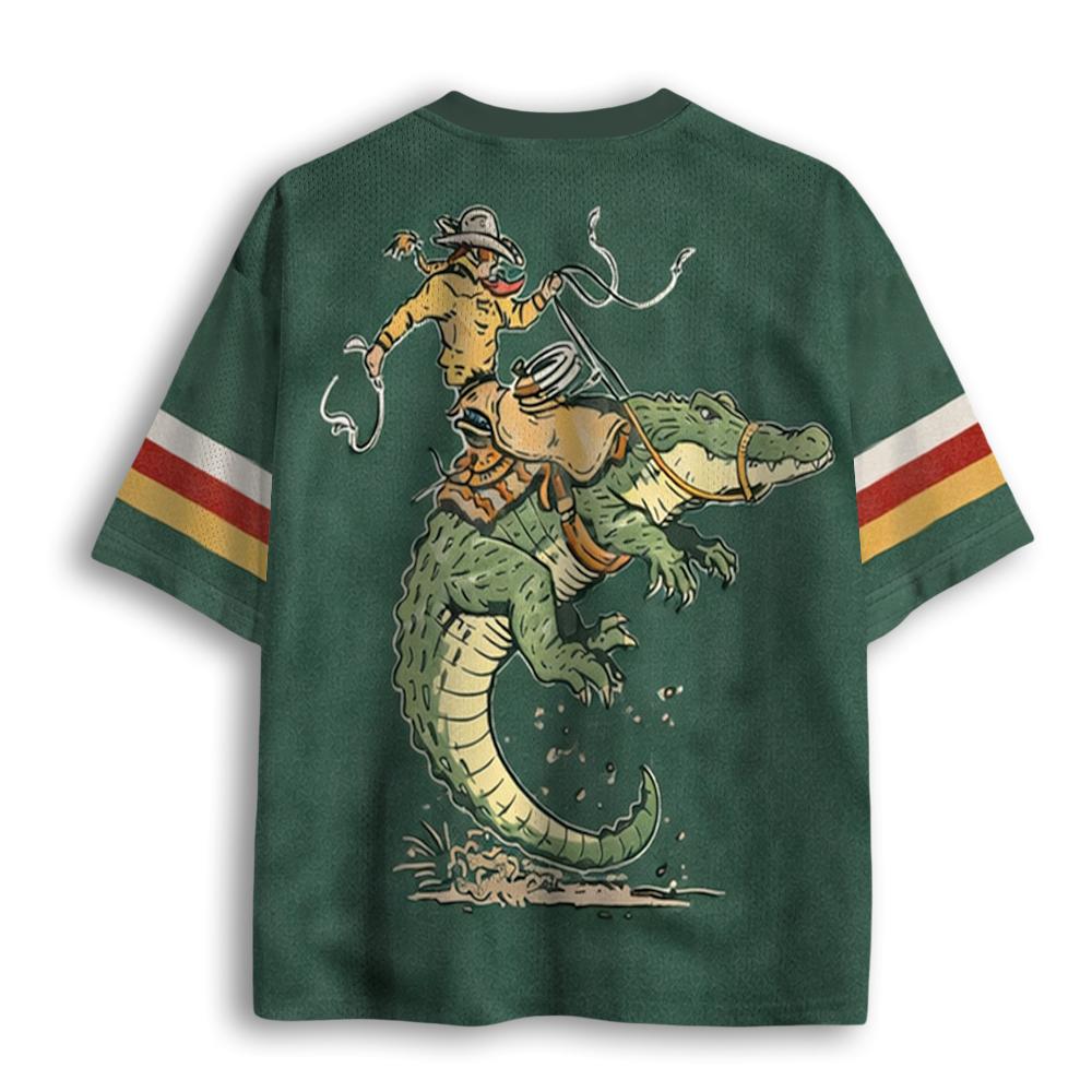 Vintage Western Cowboy Riding Alligator Retro Print Green Yellow Color Block Mesh V Neck Loose Football Jersey T-shirt