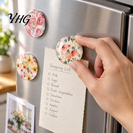 Hand Painted Flower Magnets 12Pcs Resin Epoxy Floral Refrigerator Magnet, Pattern Fridge Decorative Round Magnetic Decoration for Kitchen Office
