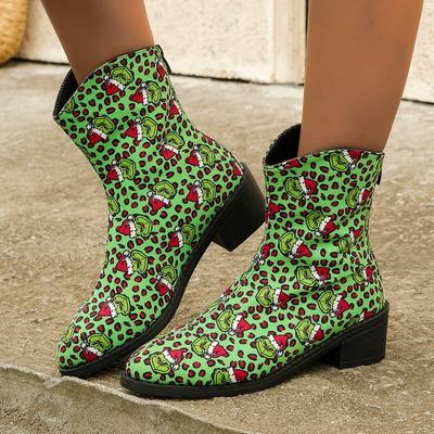 European and American Large Size Square and Short Martin Boots Women's Christmas Elements Side Zipper Flat Bottom Fashion Boots Women