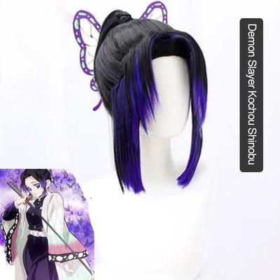 Kimetsu No Yaiba Shinobu Kocho syntetyczny Cosplay kobiety peruka krótka czarna niebieska Ombre Demon zabijania korpusu