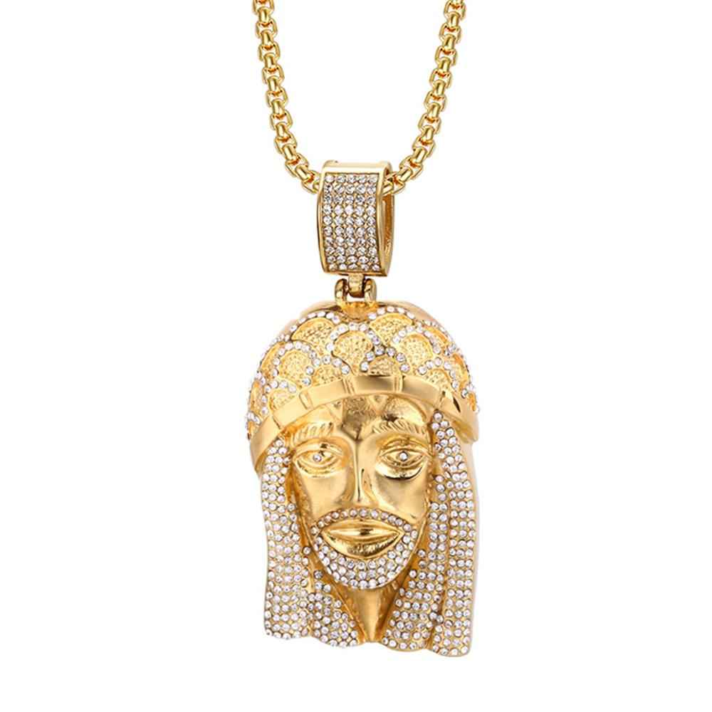 Hip Hop Iced Out Bling Jesuskopf Anhänger Männlich Goldfarbe Edelstahl Christlich Großes Halskette für Männer Religiöser Schmuck Geschenk
