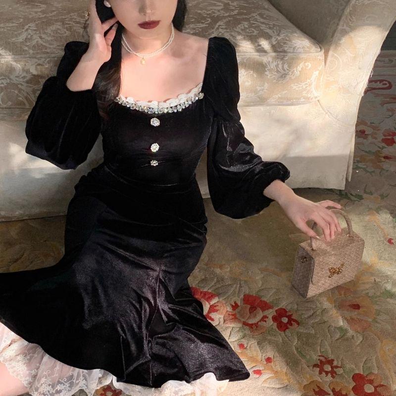 

Платье в стиле Хепберн из черного бархата в стиле ретро - Высококлассное платье в французском стиле для осени/зимы M чёрный