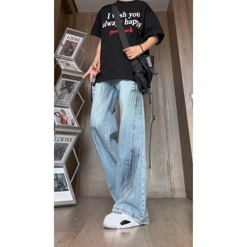 JYL Мужские рваные джинсы Осенний дизайн Свободные Универсальные Широкие Bootcut Деним L янтарь