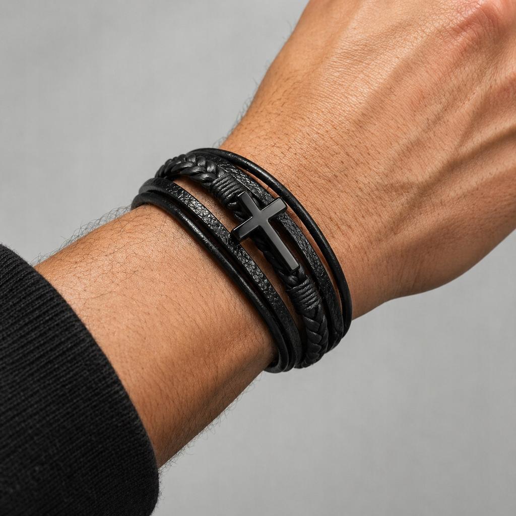 Men' Black Braided Leather Bracelet with Diamond Cross