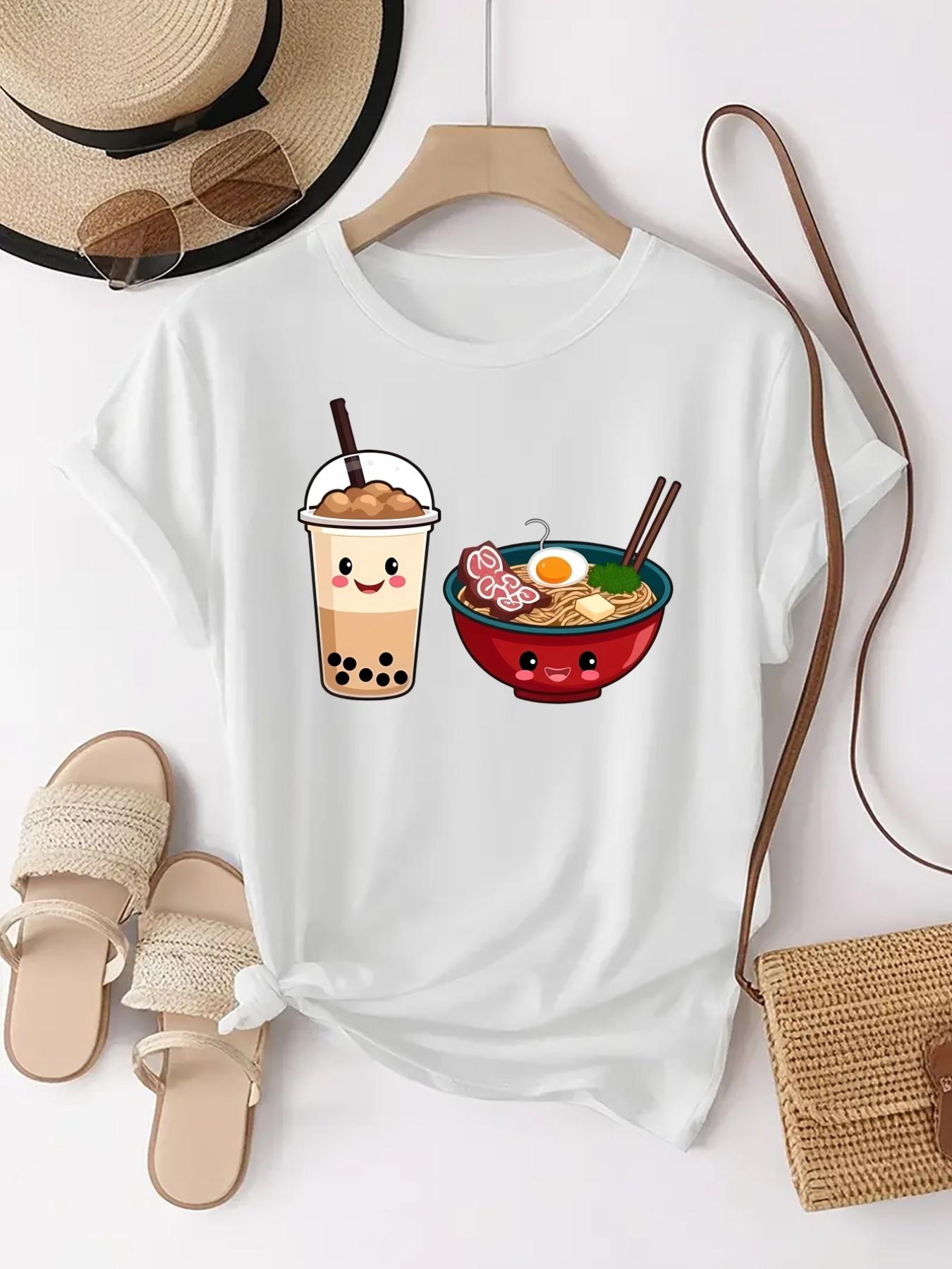 2026 New Fashion Women Tshirt Summer Cute Milk Tea Ramen Cartoon Print Casual Crew Neck Short Sleeve Comfortable Tee Tops S
