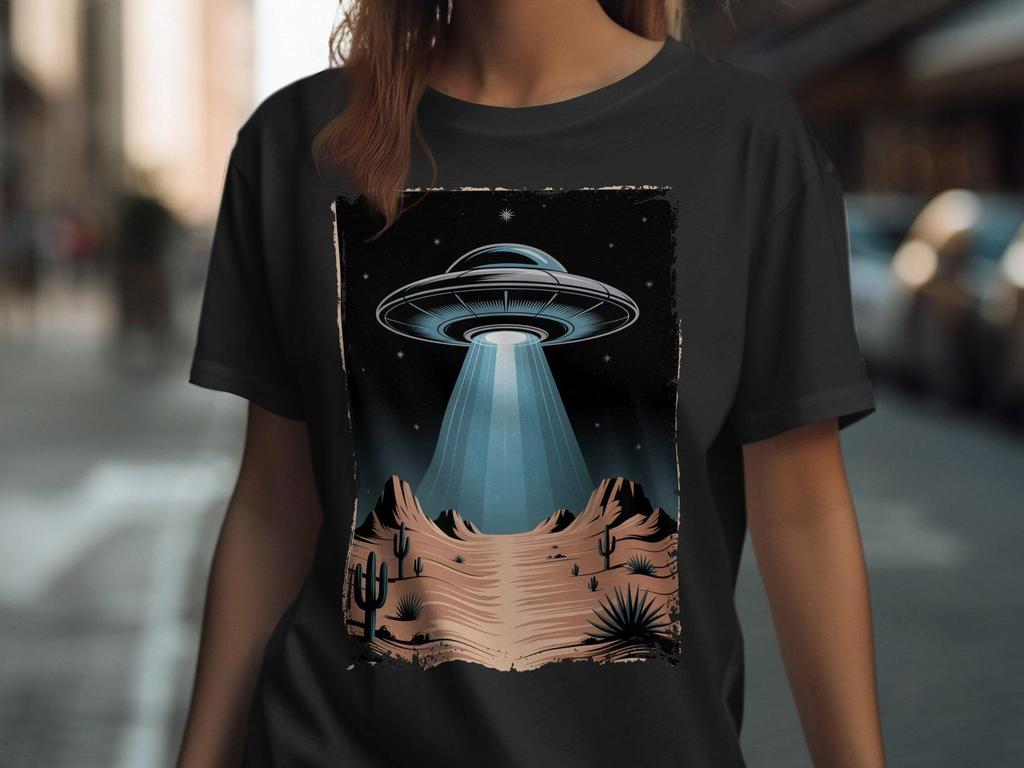 UFO T-Shirt, Alien Abduction Tee, Desert Scene Shirt, Sci-Fi Apparel, Vintage Style Gift, Retro Flying Saucer Top, Space Lover Present