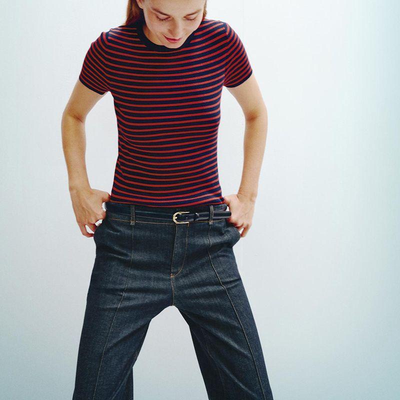 Summer New Product Women's Clothes Minimalist Casual Style T-shirt Stripes Silm round Neck Short Sleeve Knitting Tops 3519020